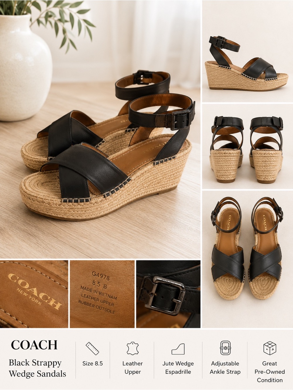 Coach Black Strappy Wedge Sandals
